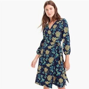 J CREW Navy Blue Golden Floral Wrap Dress Size 8 V-neck 3/4 Sleeve